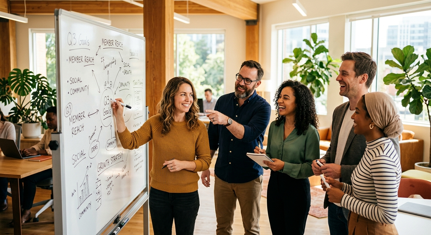 Credit union marketing and service team collaborating on structured video banking conversation protocols and agent communication frameworks in a bright modern office