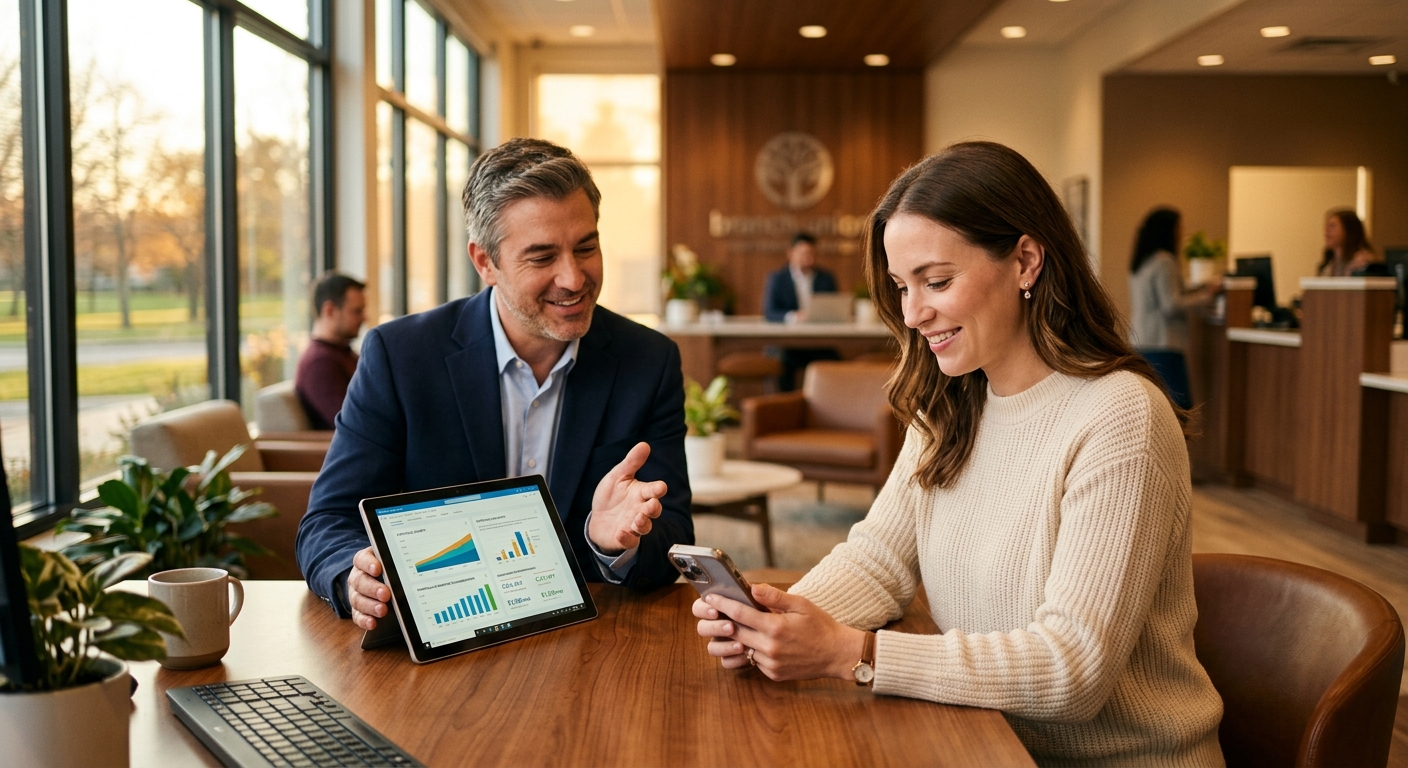 Credit union member reviewing personalized financial recommendations on a smartphone while an advisor discusses options on a tablet in a modern credit union branch