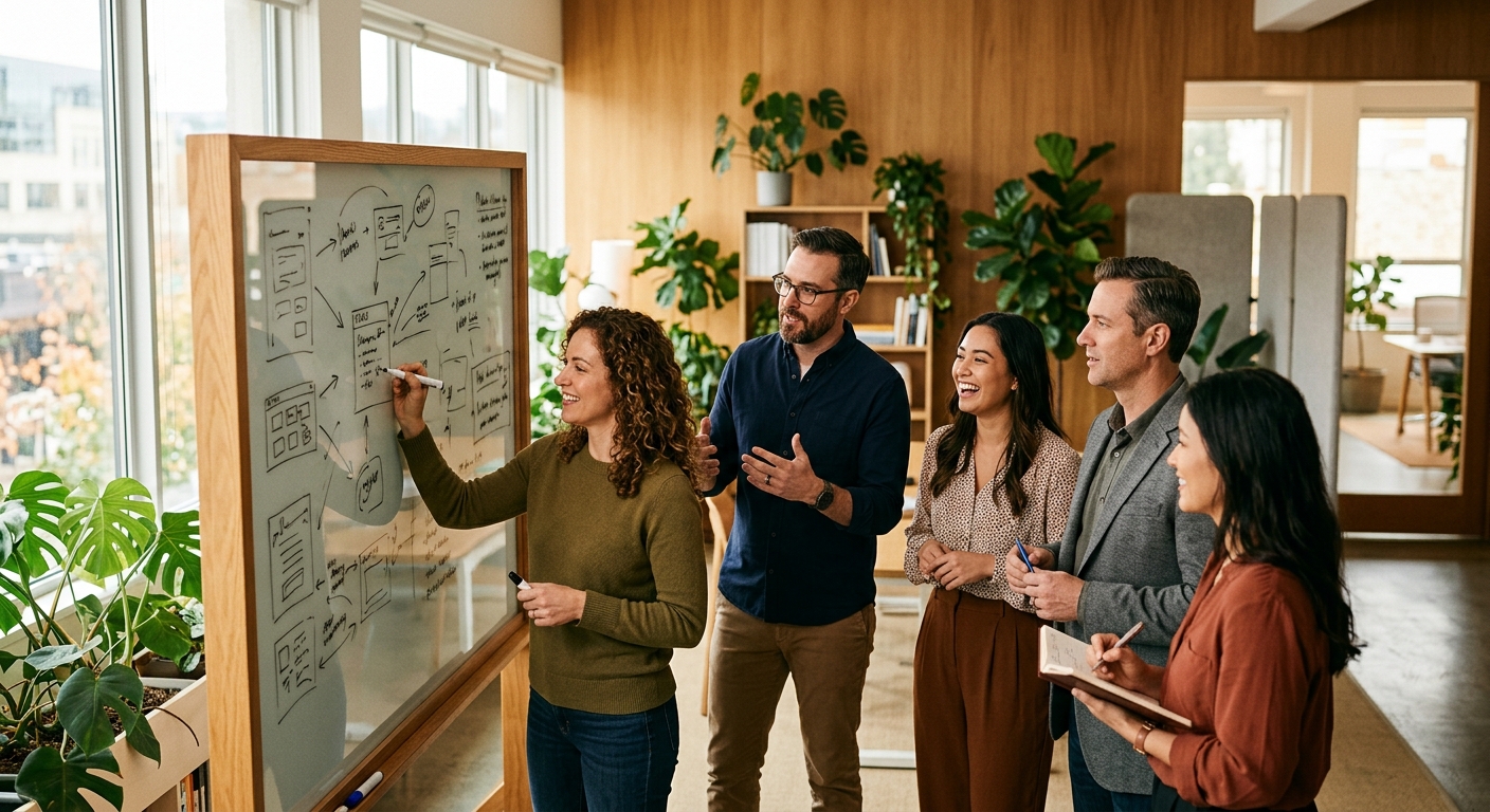 credit union website - Credit union marketing team collaborating on whiteboard planning digital member experiences in a sunlit modern office with warm natural light