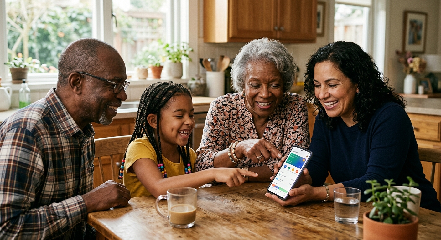 Warm editorial photograph of a diverse family using mobile banking together at home, smiling at their smartphone
