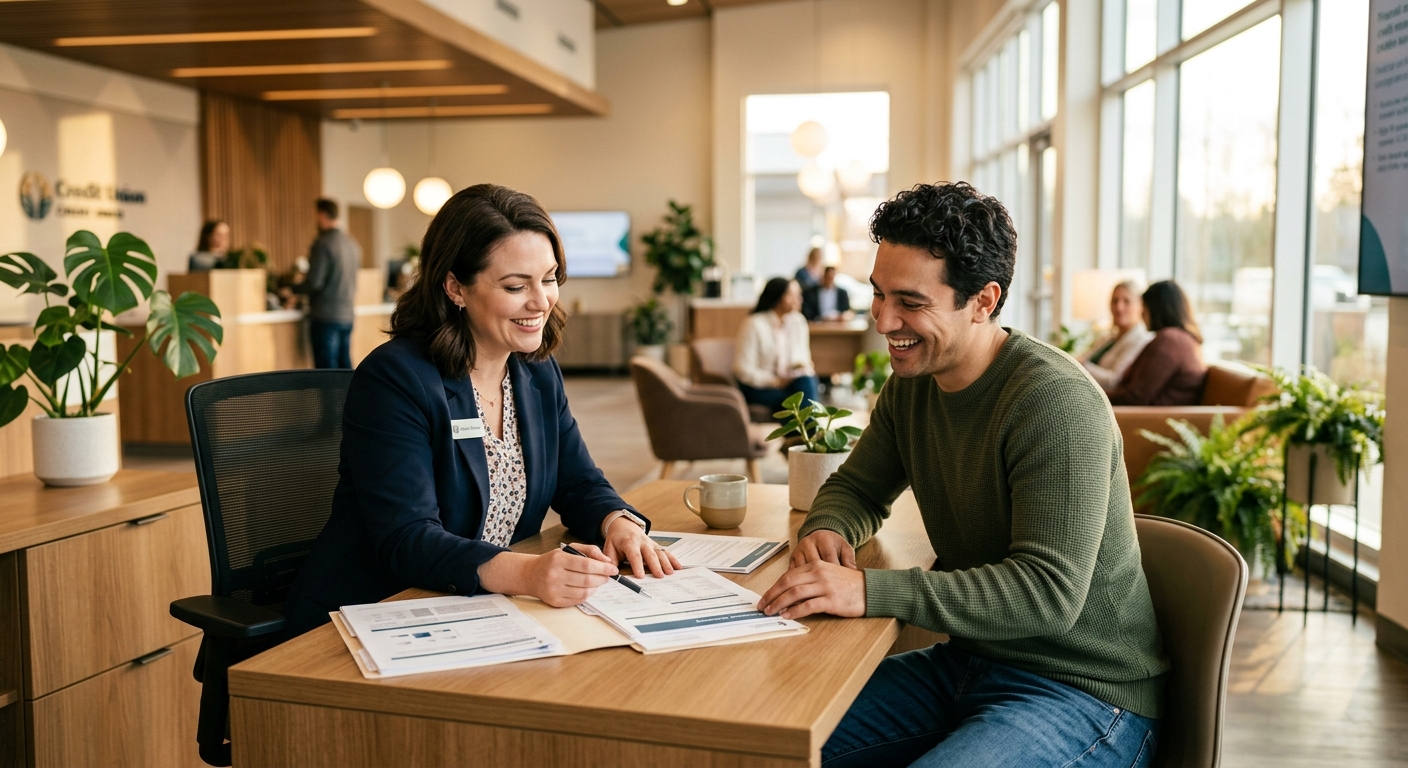 credit union website video banking - Credit union advisor guiding a member through a digital account opening conversation during a video banking session, with warm natural light and genuine human connection