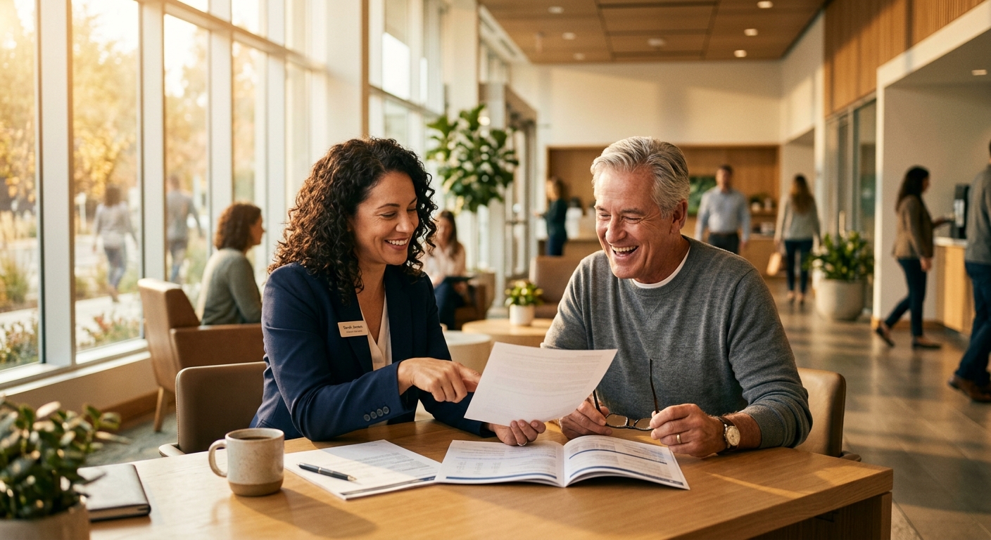 credit union website - Credit union member services professional assisting a new member with account activation at a modern branch desk, warm natural light, editorial photography style