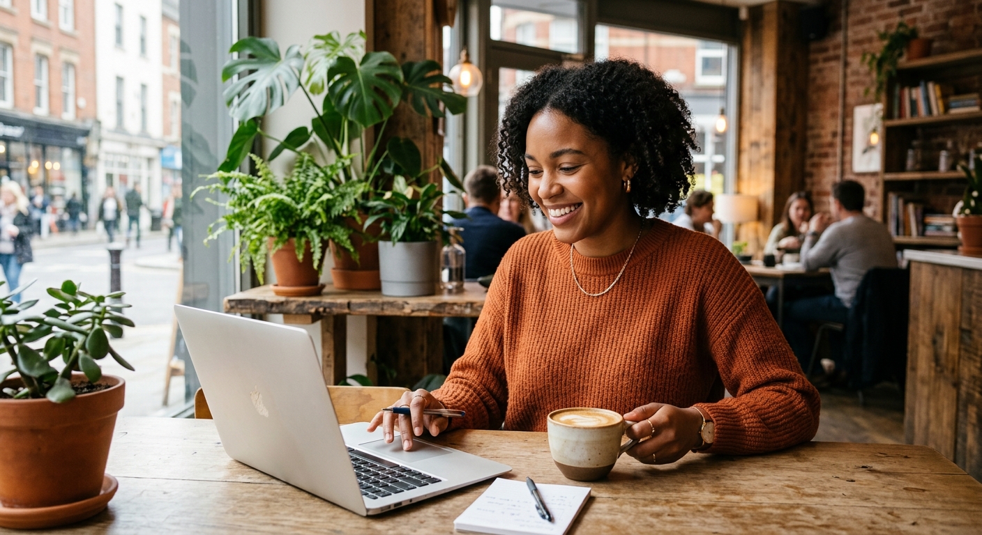 Warm editorial photograph of a young professional managing finances on a laptop at a modern coffee shop