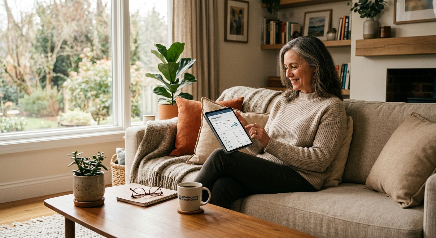 Warm editorial photograph of a credit union member reviewing monthly bill payments on a tablet in a cozy living room