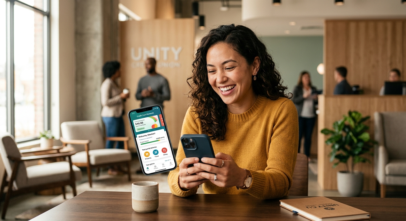 Credit union member completing a credit card application on a tablet at a modern credit union branch with welcoming staff member