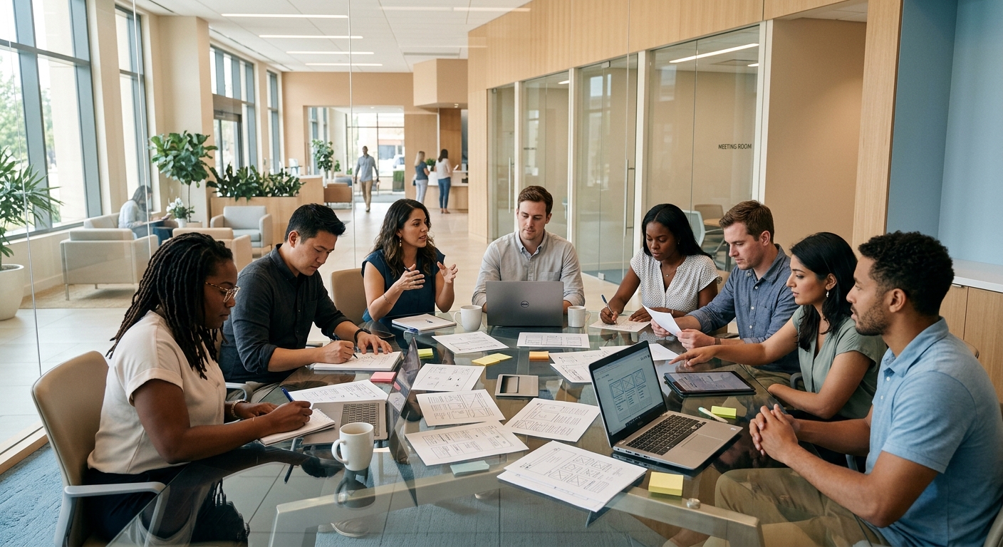Cinematic editorial photograph of a diverse credit union UX research team collaborating around a modern glass conference table with laptops analyzing user experience data
