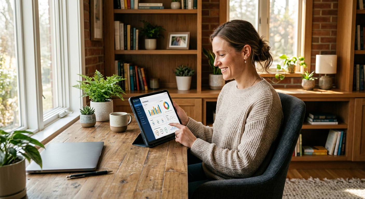 Warm editorial photograph of a credit union professional team reviewing analytics data on a modern dashboard display in a bright, modern office.
