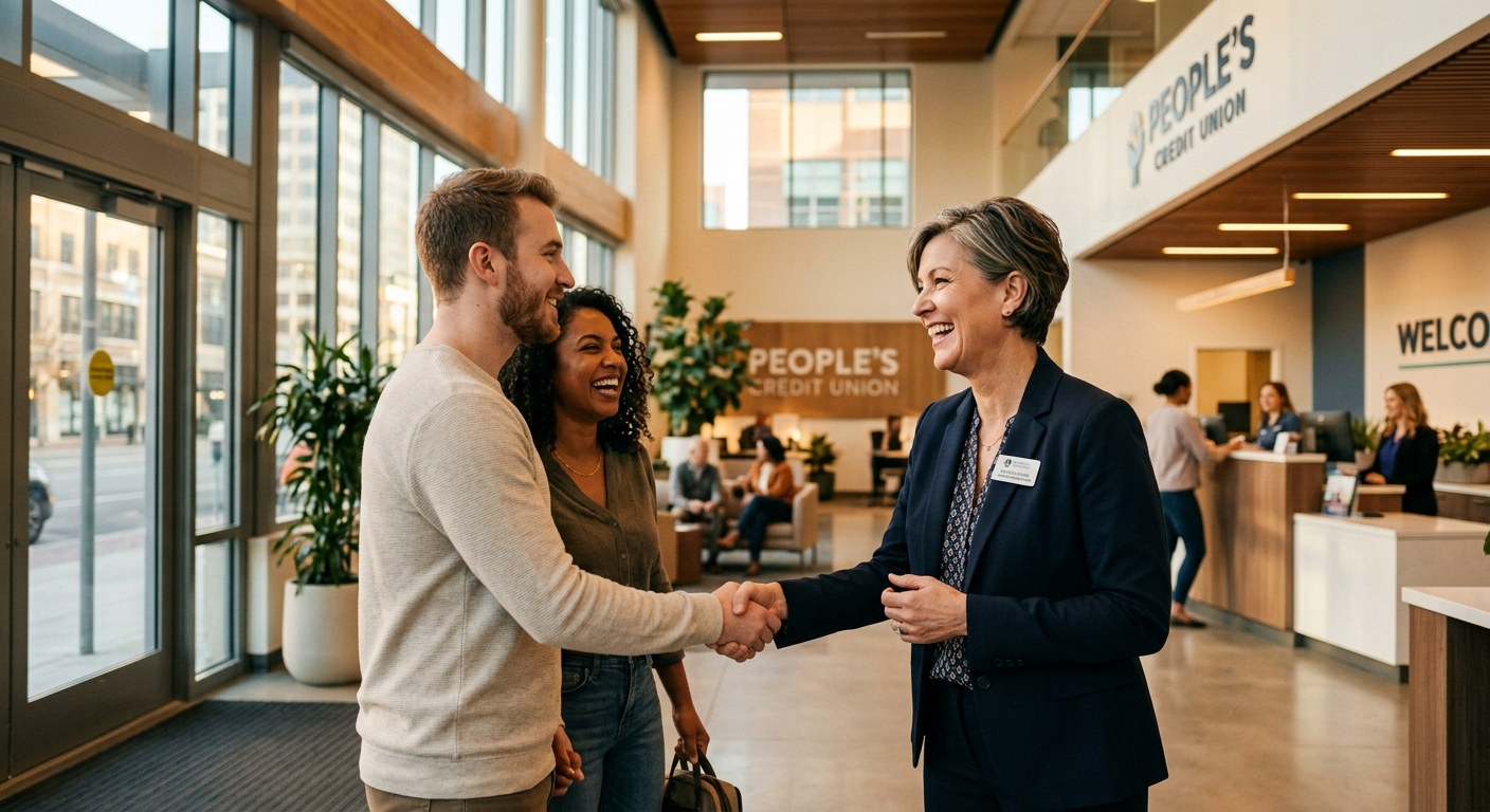 credit union video banking - Credit union specialist assisting a member with digital account opening on a tablet in a warm, naturally lit branch lobby
