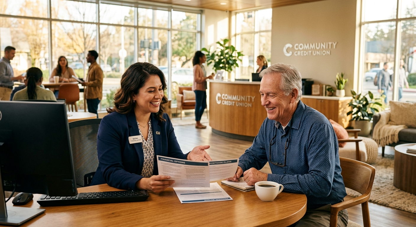 credit union website - Credit union member service representative assisting a member through video banking identity verification on a tablet in a warm, naturally lit office setting