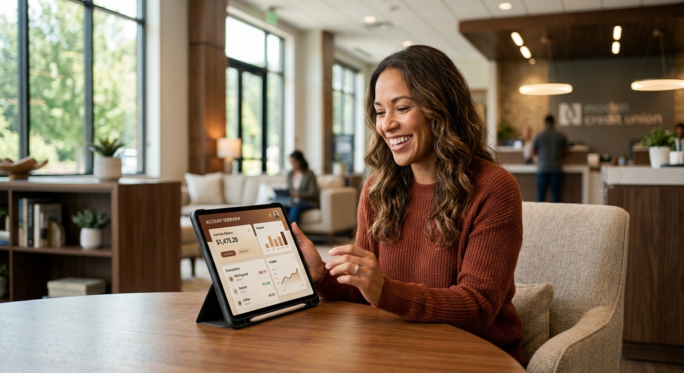 Warm editorial photograph of a credit union member reviewing their checking account debit card options with a digital banking representative in a modern branch setting