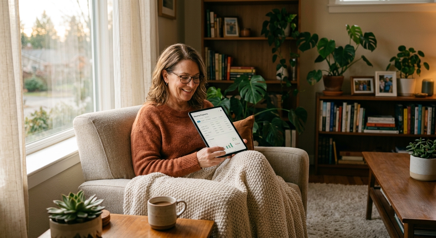 Warm editorial photograph of a credit union member managing auto-pay schedules on a tablet with soft natural lighting