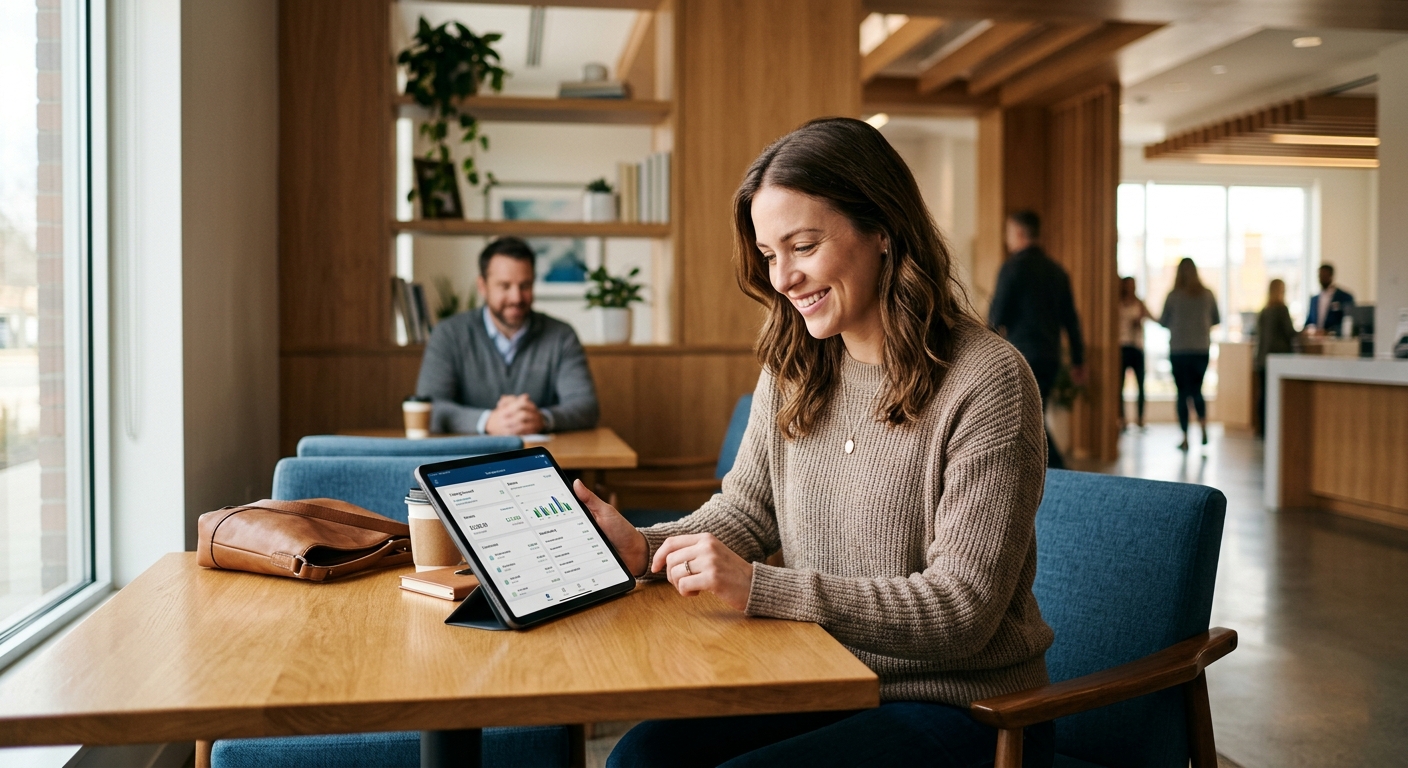 Warm editorial photograph of a young credit union member exploring spending analytics and savings goals on a mobile banking app in a cozy modern home office