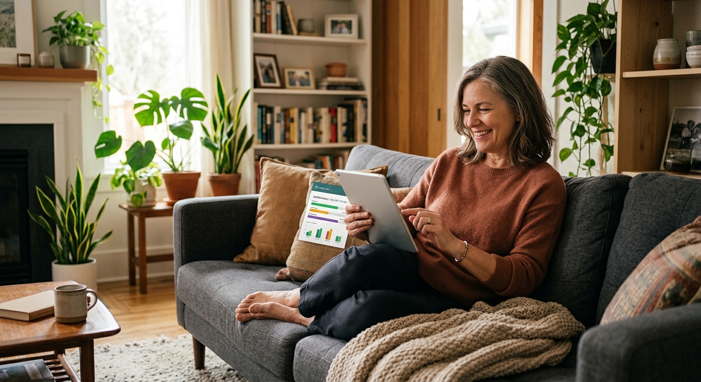 Middle-aged credit union member checking savings goal progress on tablet while relaxing at home