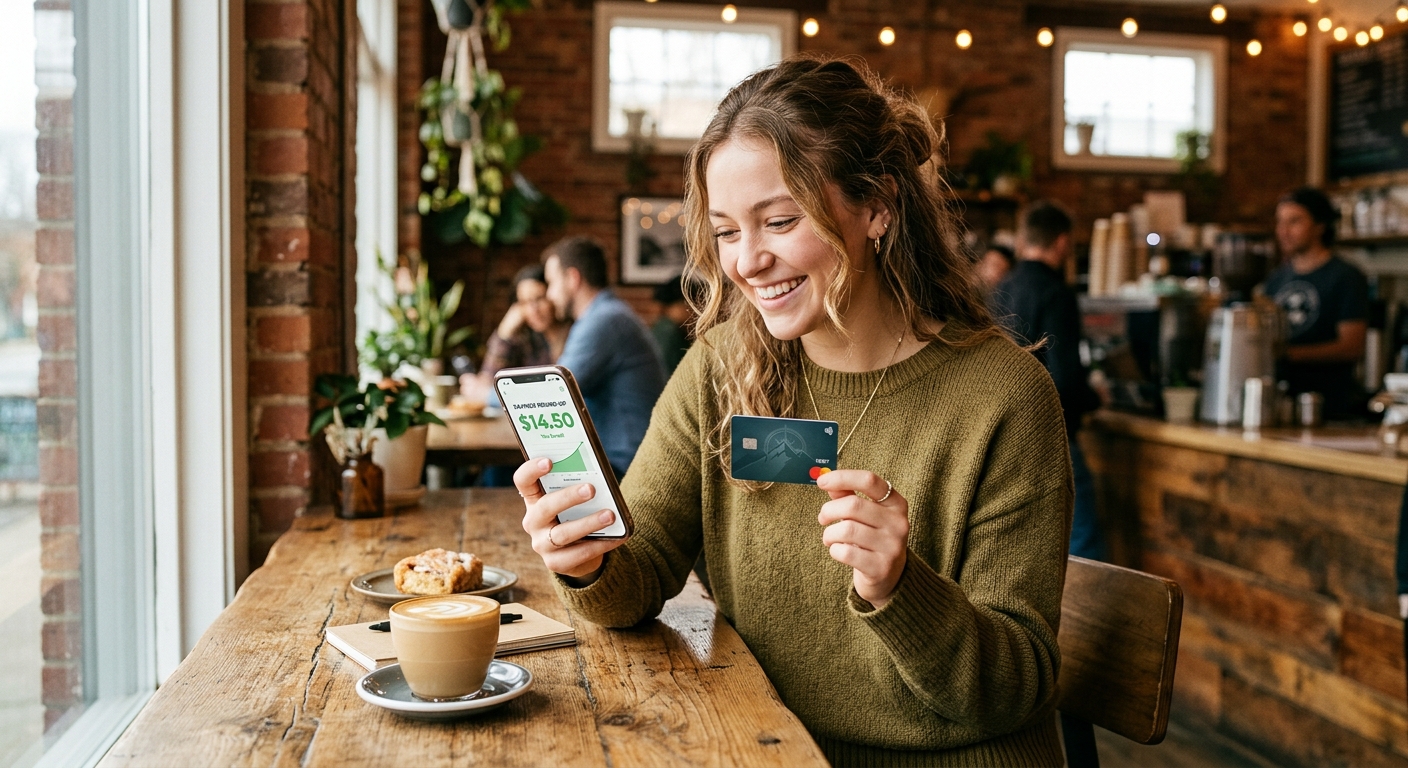 Young credit union member looking at phone showing debit card round-up savings feature with delighted expression