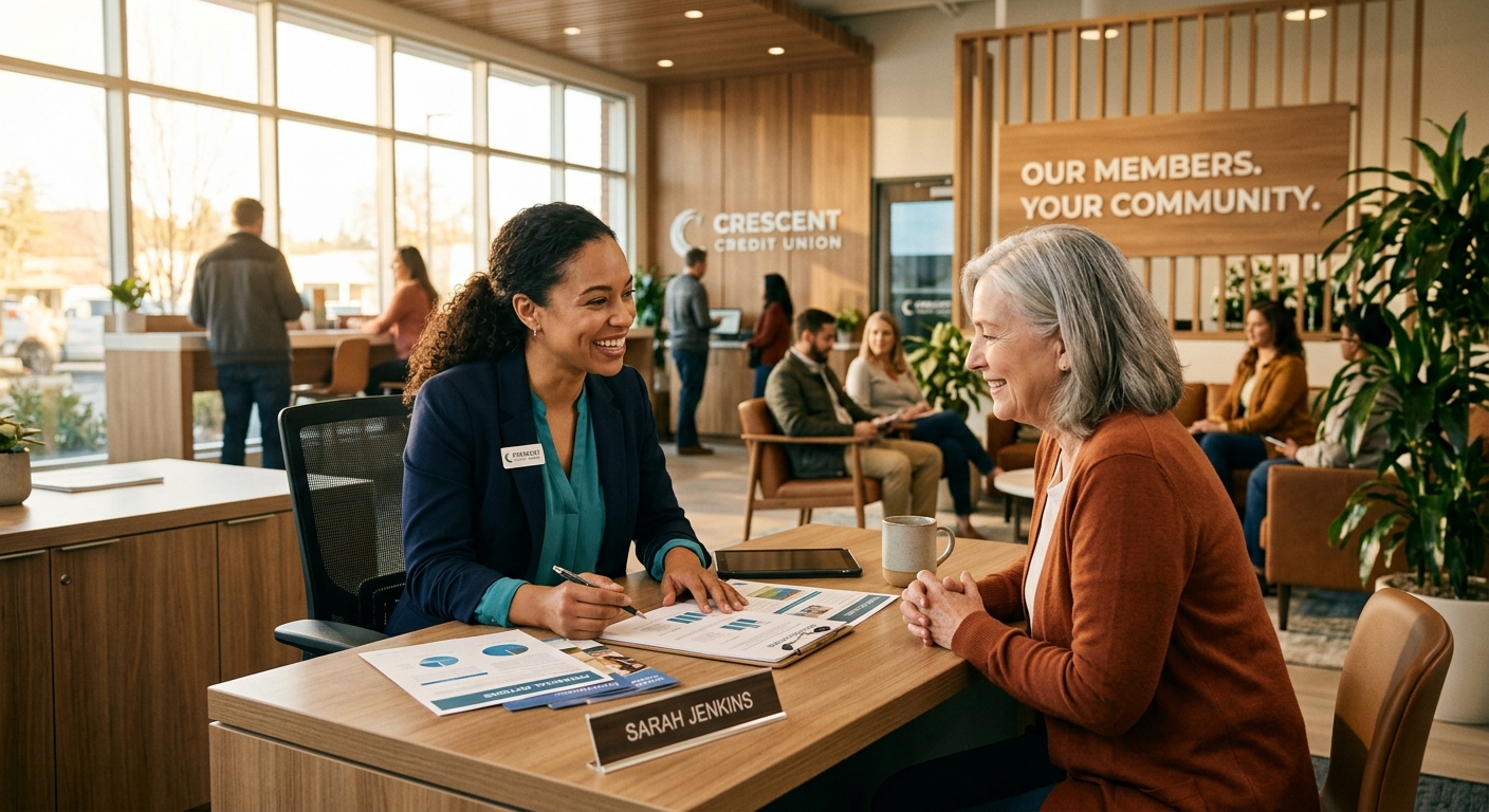 Credit union member reviewing digital account opening documents on a tablet while a professional assists nearby in a warm, sunlit branch lobby