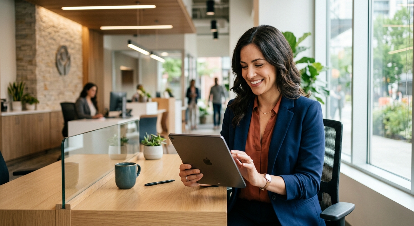 Credit union member reviewing credit card rewards dashboard on tablet in modern office