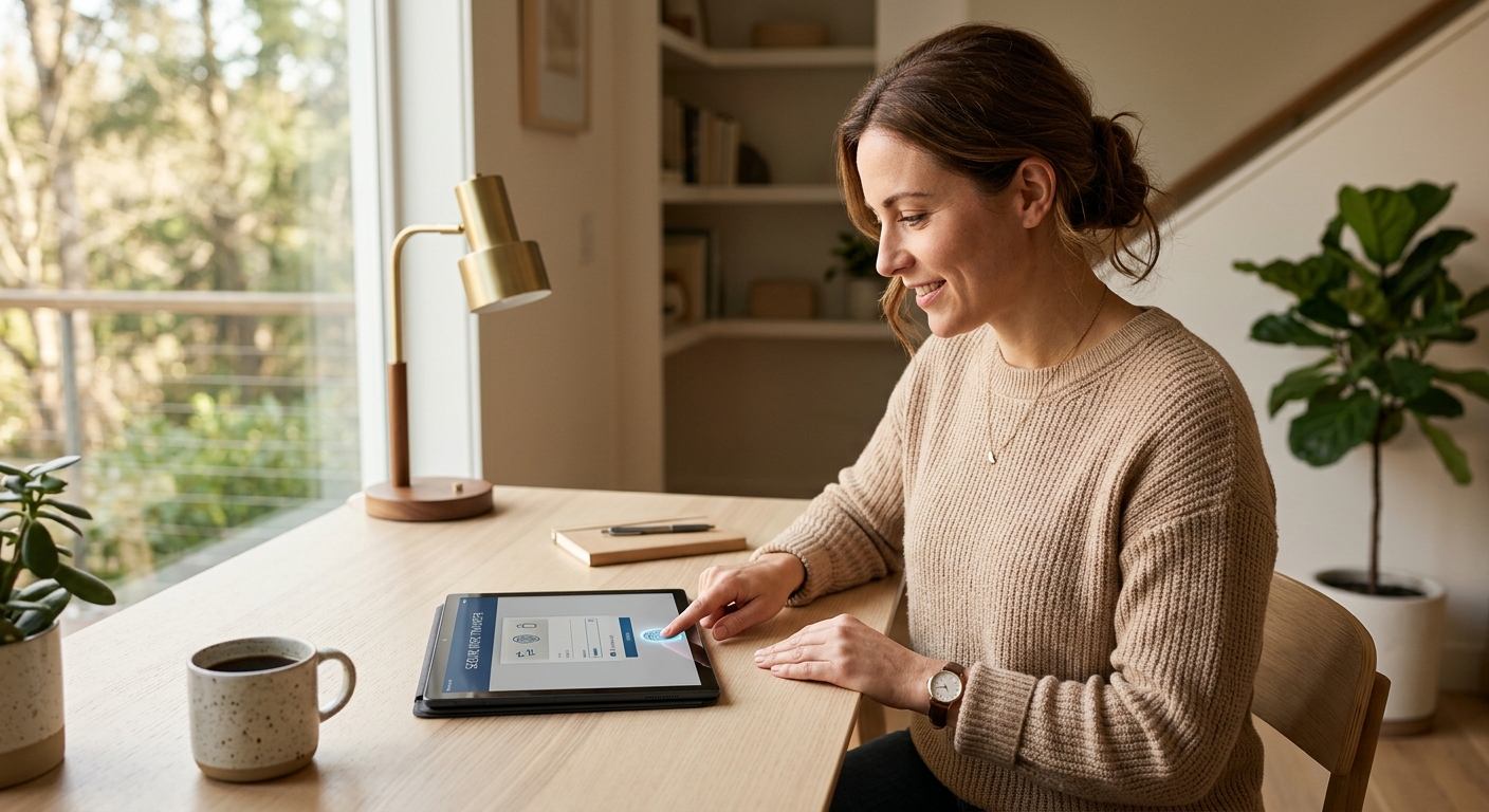 Photorealistic editorial photograph of a credit union member reviewing an international wire transfer confirmation on their smartphone in a modern cafe setting