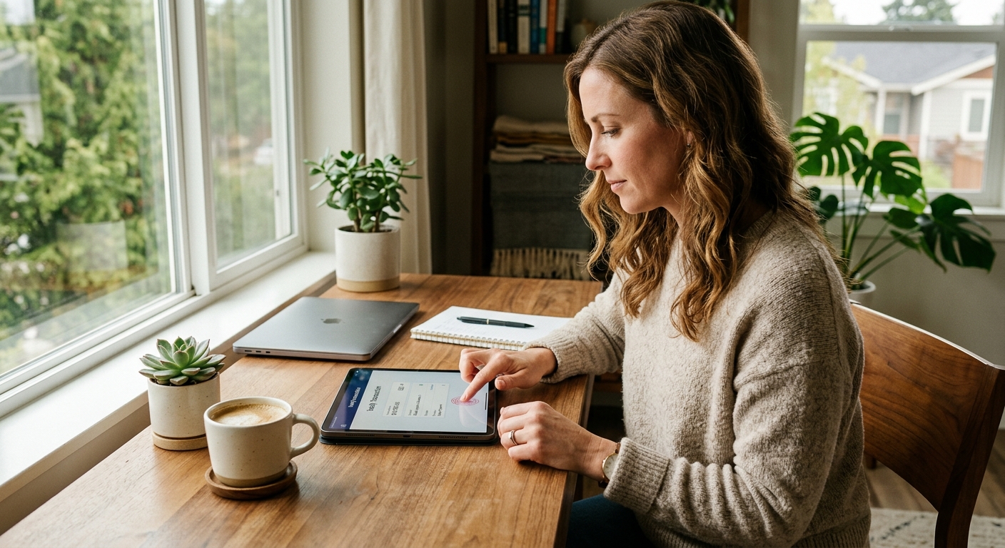 Photorealistic editorial photograph of a credit union member completing biometric authentication for a wire transfer on a tablet in a bright home office