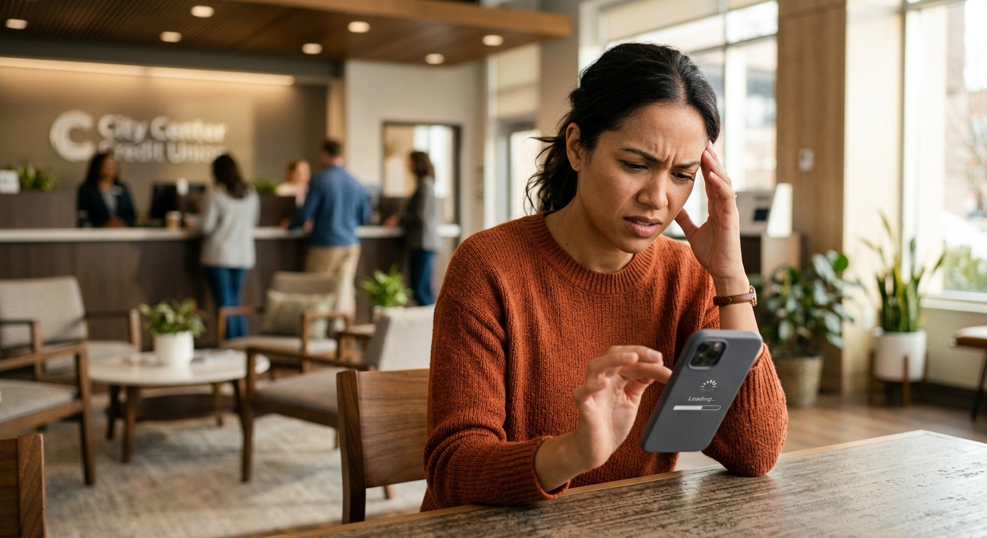 Credit union member looking frustrated while navigating loan options on smartphone