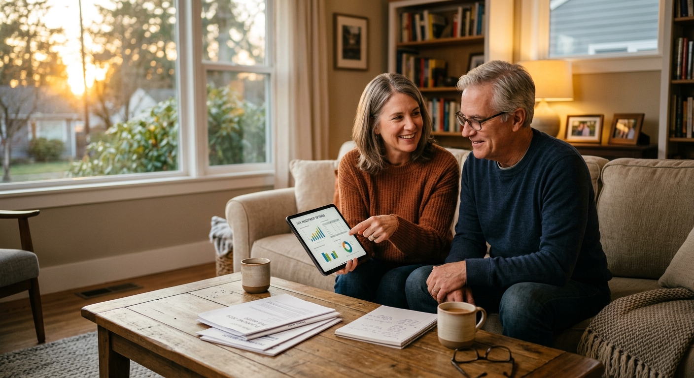 Middle-aged couple reviewing HSA investment options on a tablet, warm home environment with financial planning documents visible