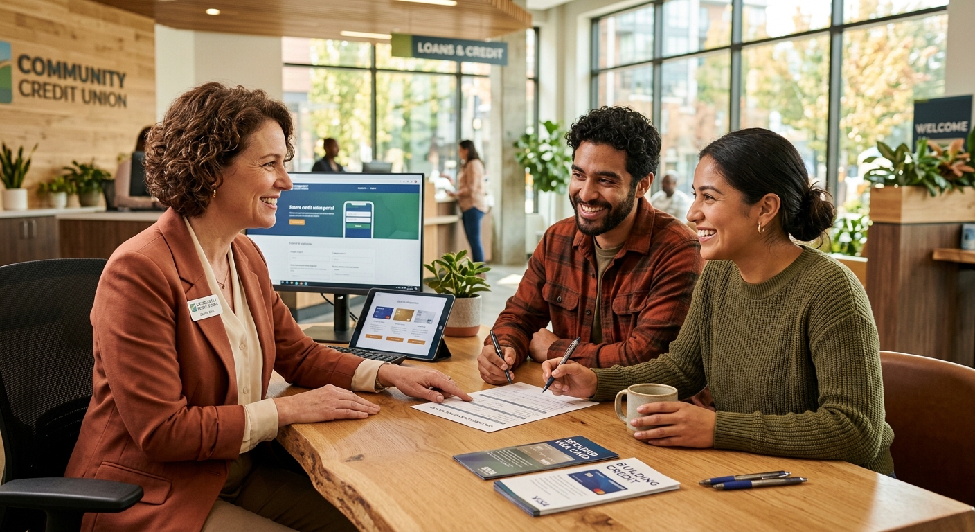 Warm editorial photograph of a credit union loan officer assisting a young couple with a secured credit card application at a modern desk, natural lighting.