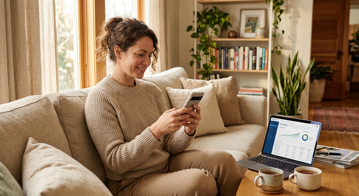 Credit union member reviewing loan payment details on a smartphone in a sunlit modern living room, with a laptop showing a loan dashboard open on the coffee table, warm natural lighting