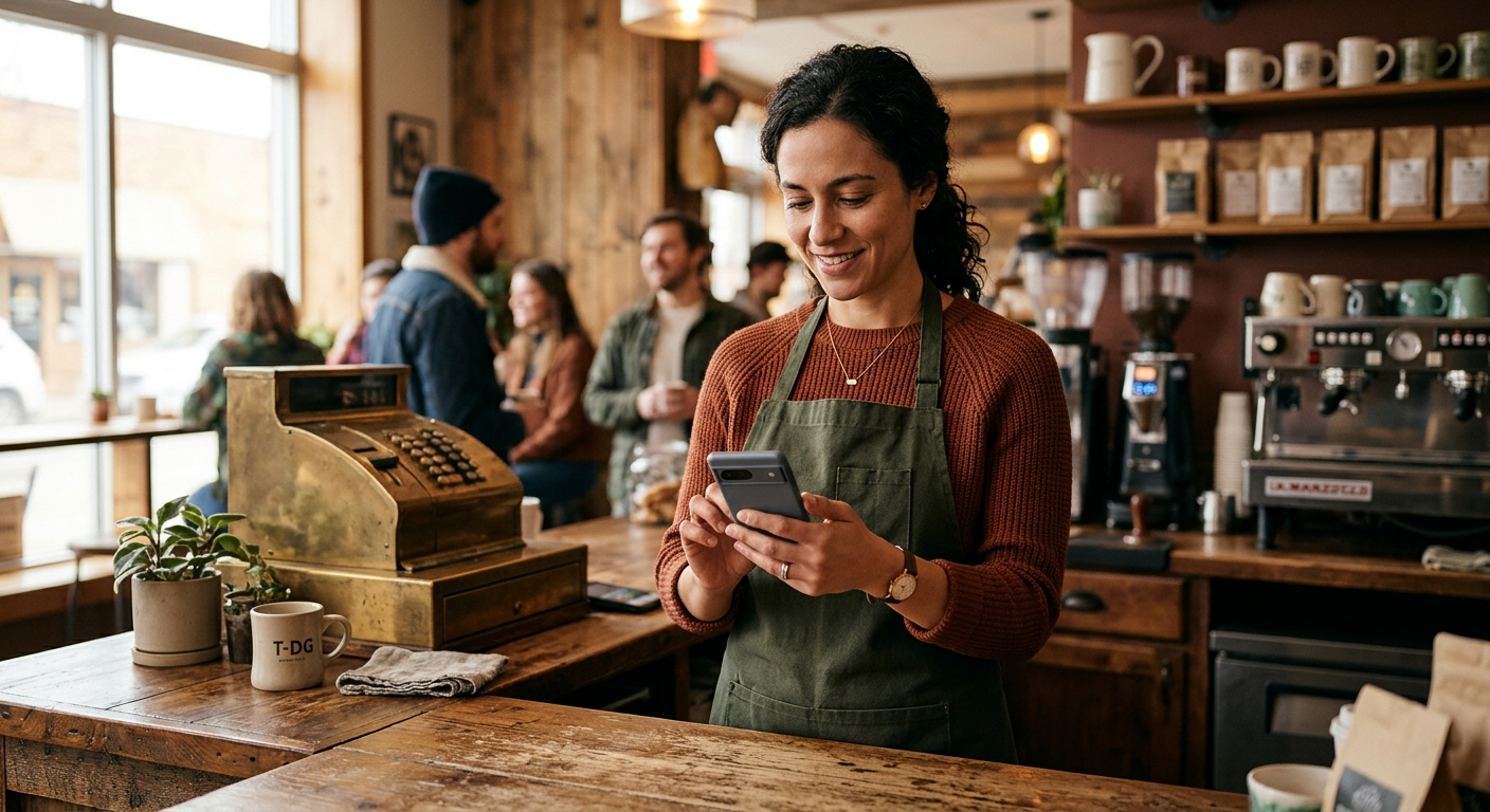 Small business owner in a coffee shop reviewing business banking account information on their smartphone with a warm professional atmosphere