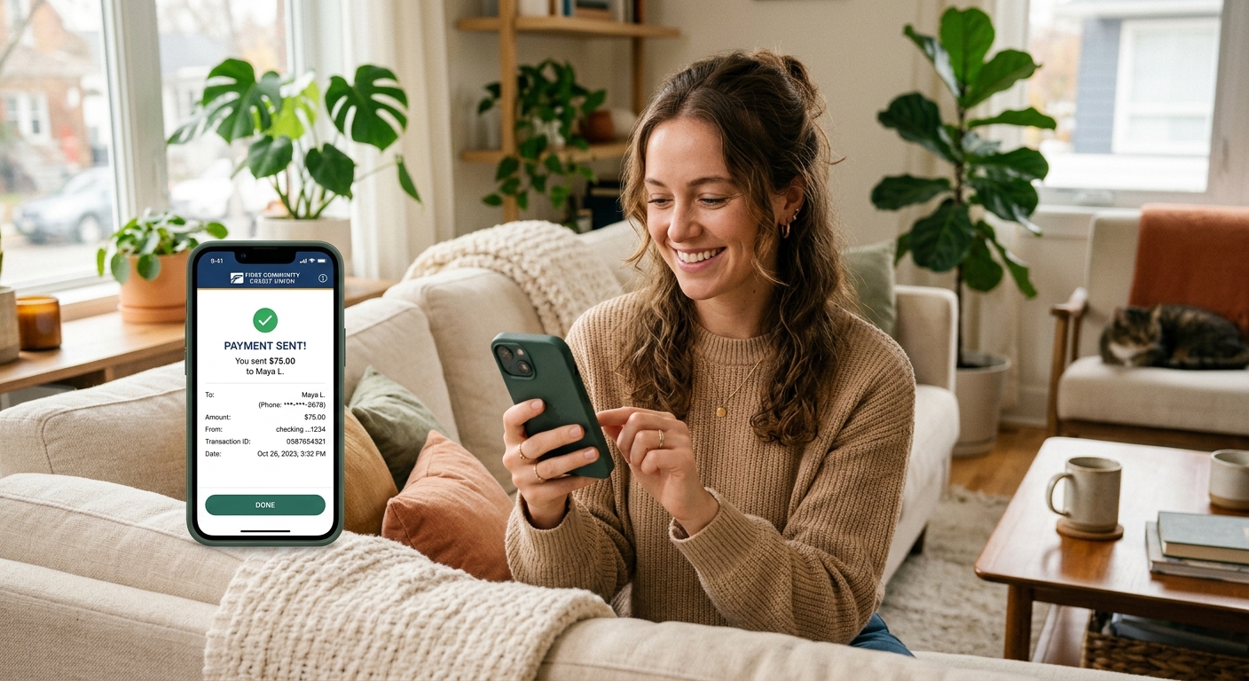 Credit union member at a coffee shop using a smartphone to split a dinner bill with friends through a P2P payment app, warm ambient lighting, authentic lifestyle photography