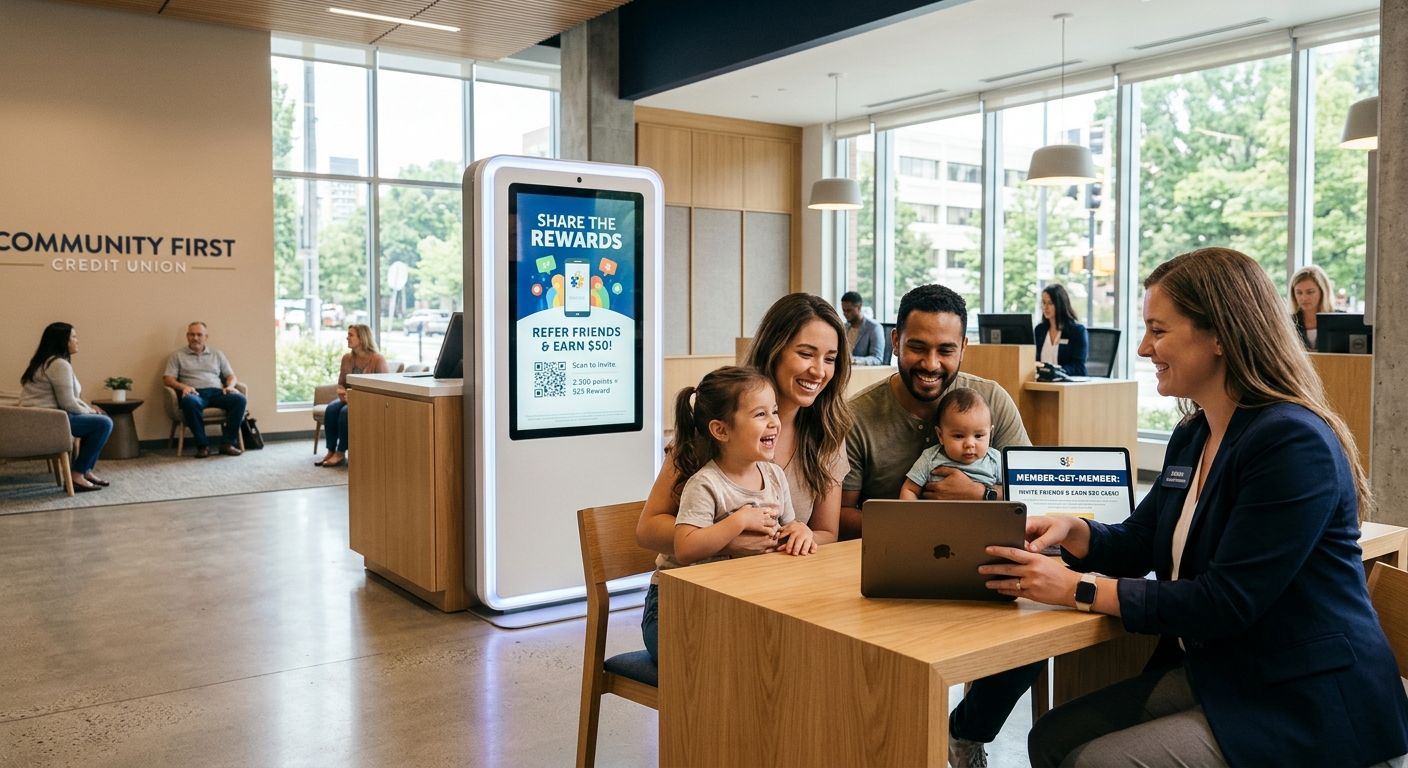 Credit union professional reviewing account access with a member on a tablet in a modern branch office