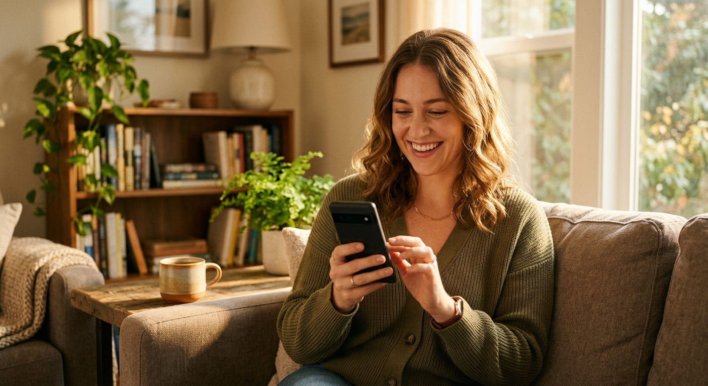 Credit union member engaging with an AI virtual assistant on their smartphone showing a natural language banking conversation interface