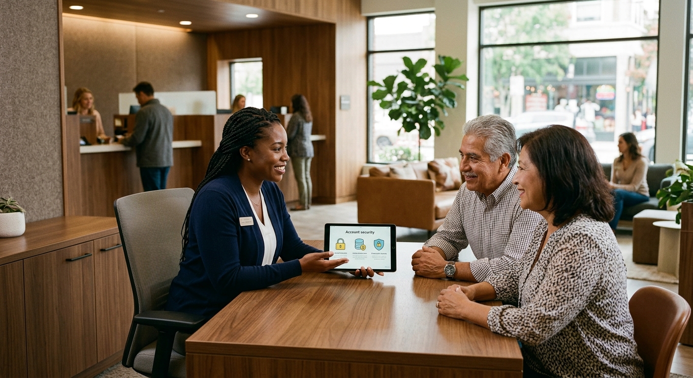 Photorealistic credit union member viewing linked accounts and overdraft protection preferences on mobile device