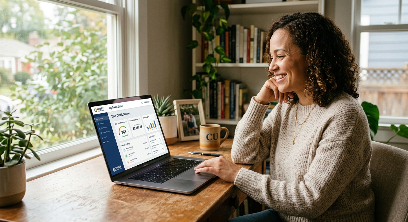 Warm editorial photograph of a credit union member smiling while viewing their credit improvement dashboard on a laptop in a cozy home office, natural window lighting.