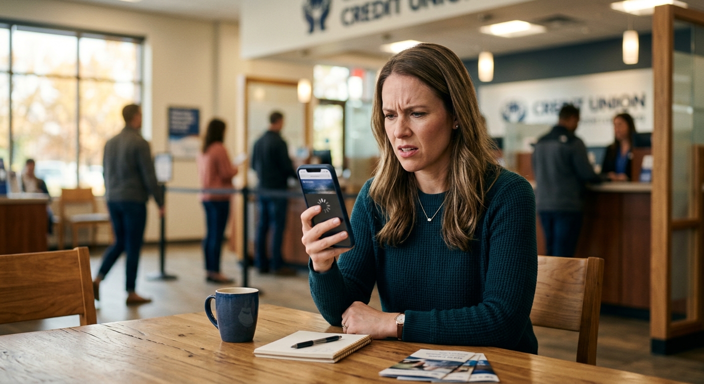Credit union member smiling while using mobile banking app with multiple account dashboards