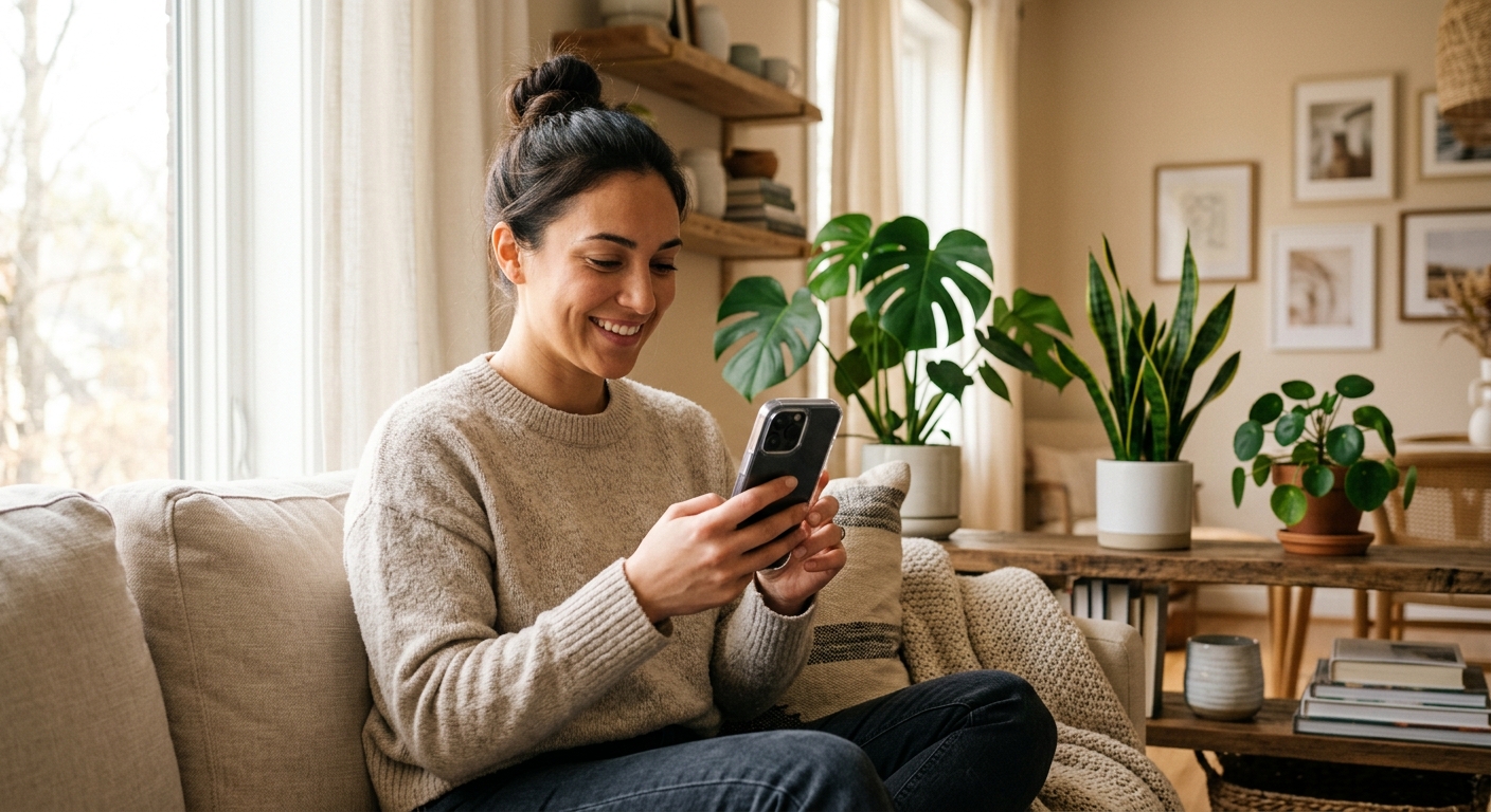 Credit union member in a cozy modern living room using a mobile banking app to send money to a friend, warm natural window lighting, modern home setting